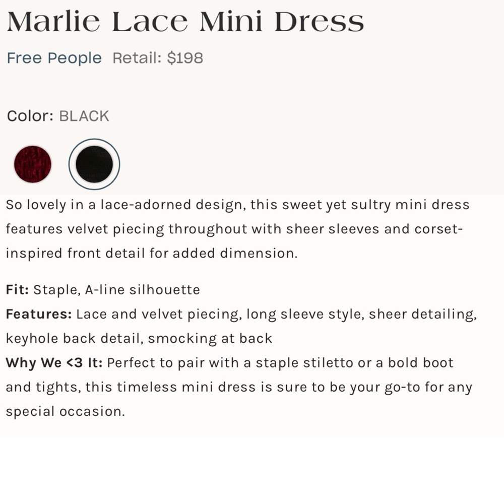 FREE PEOPLE MARLIE BLACK SHEER LACE LONG SLEEVE WHIMSIGOTH VELVET MINI DRESS - Picture 3 of 15